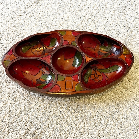 Vintage Mid Century Wooden Serving Bowl Snack Platter Boho Exotic Divided Carved - Picture 1 of 14